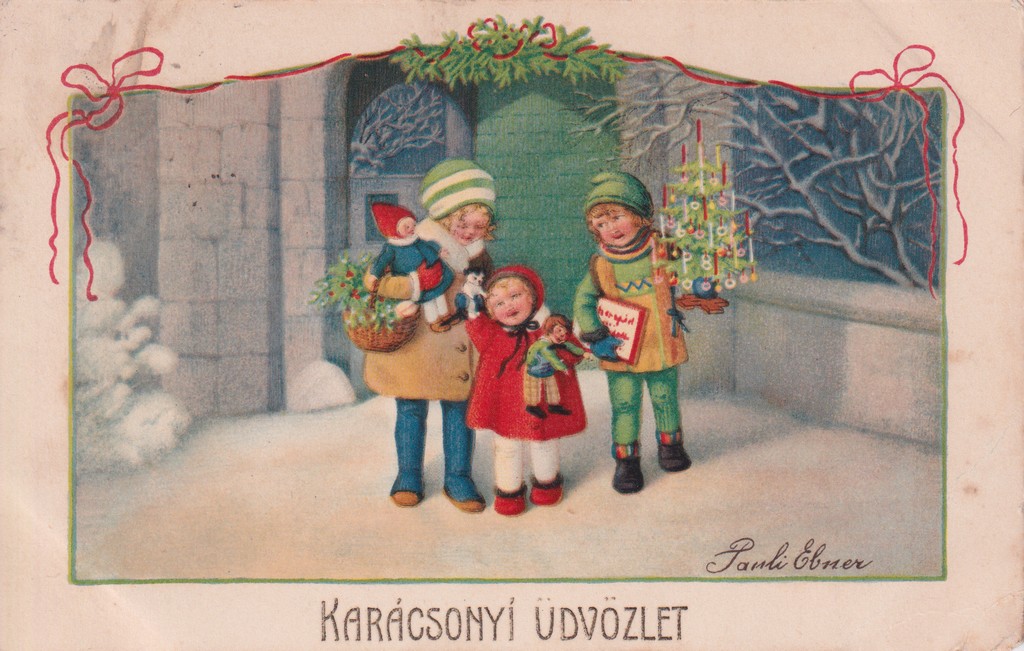 [429] Karcsonyi kpeslap. Hrom kisgyerek ajndkokkal, karcsonyfval a havas tjban. , Budapest 